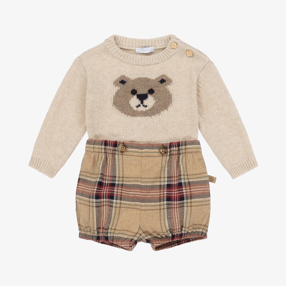 Laranjinha - Baby Boys Beige Teddy Bear Shorts Set | Childrensalon