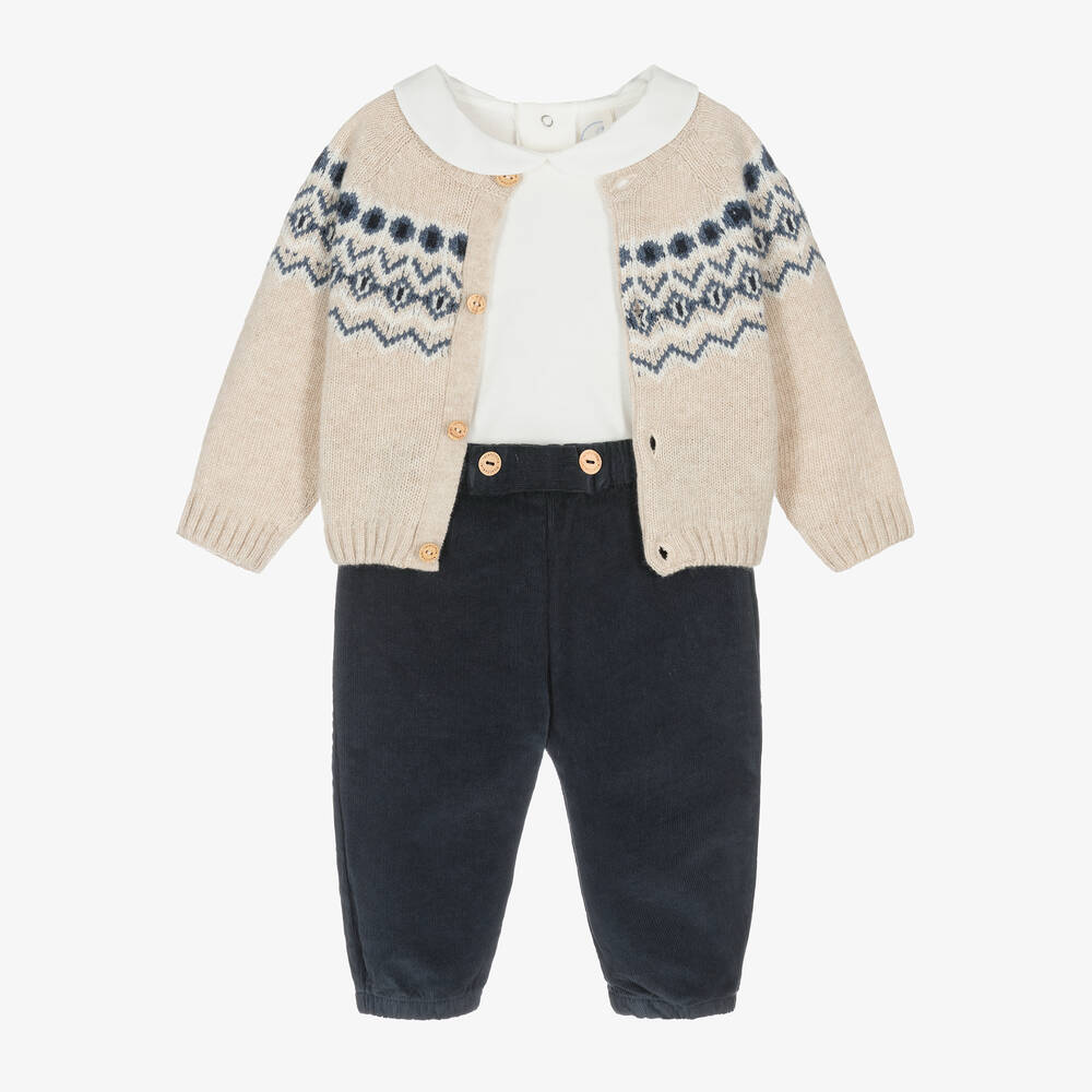 Laranjinha - Baby Boys Blue Cotton Fair Isle Trouser Set  | Childrensalon