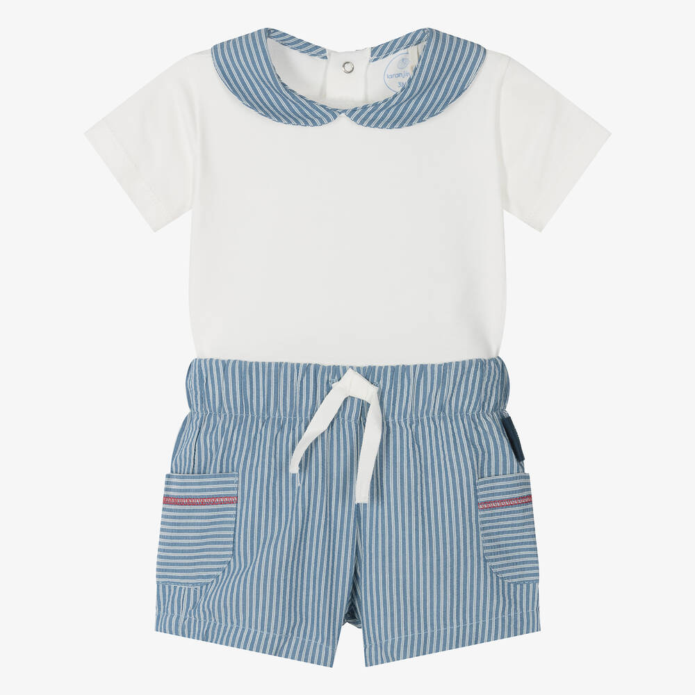 Shop Laranjinha Baby Boys Blue Striped Shorts Set