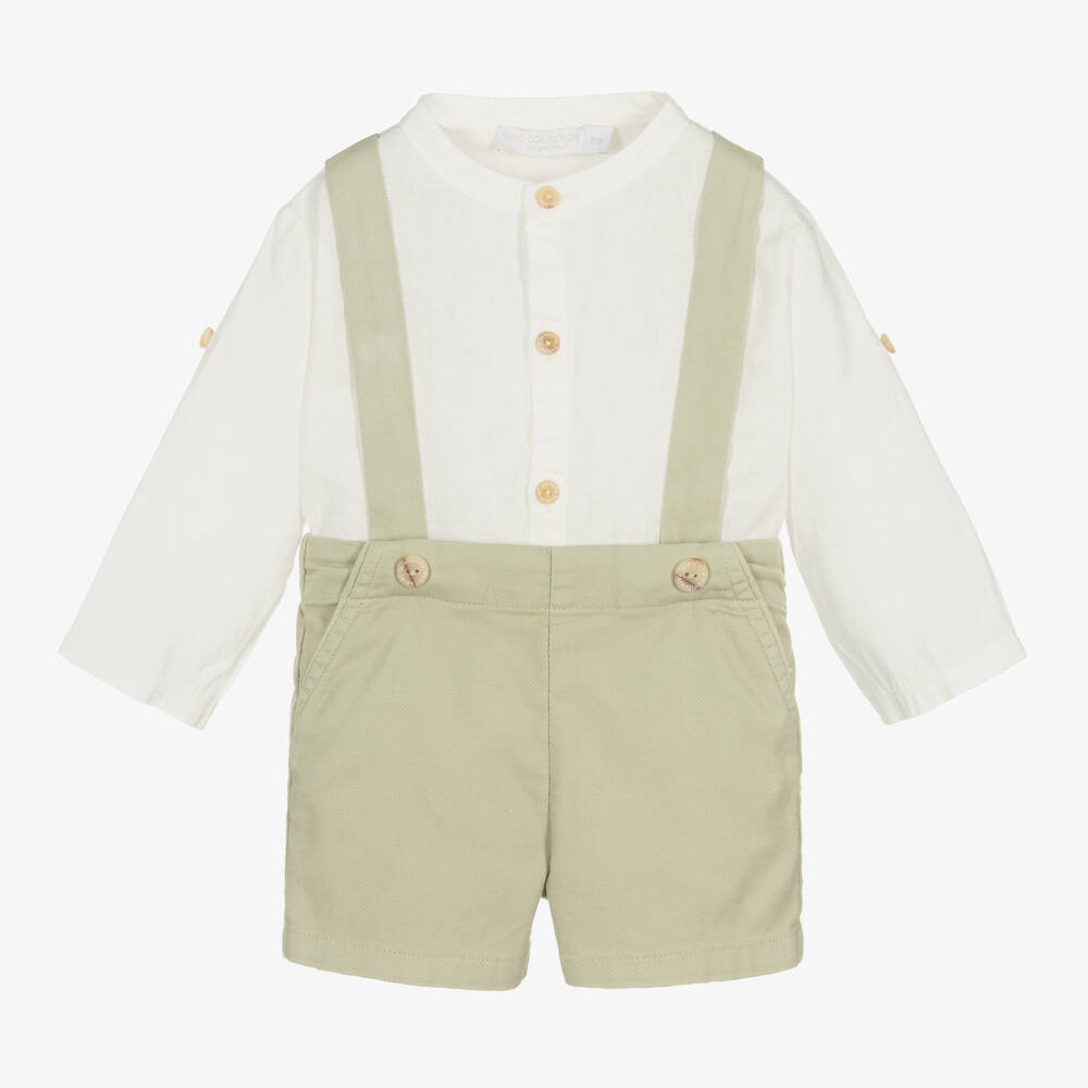 Shop Laranjinha Baby Boys Cotton & Linen Shorts Set In Green