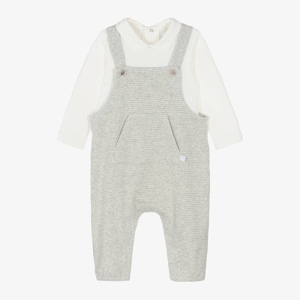 Laranjinha - Baby Boys Grey & White Dungaree Set | Childrensalon