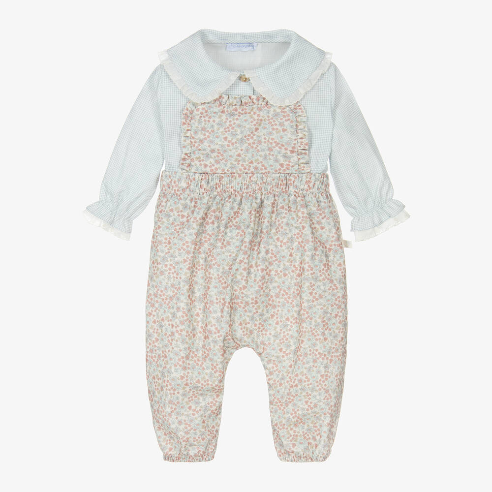 Laranjinha - Baby Girls Pink & Blue Floral Dungaree Set | Childrensalon