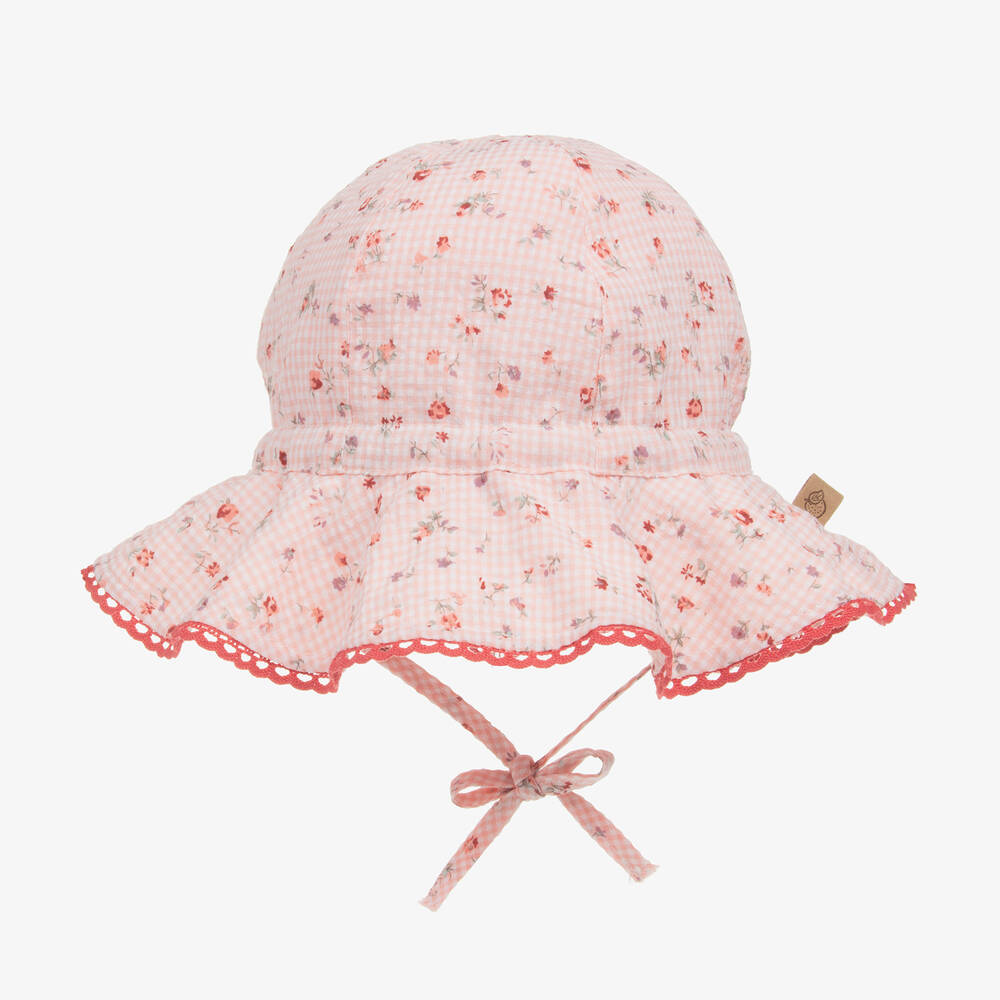 Laranjinha - قبعة للشمس قطن كاروهات لون زهري بطبعة ورود | Childrensalon