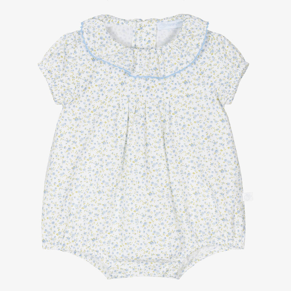 Shop Laranjinha Baby Girls White Cotton Floral Shortie In Blue