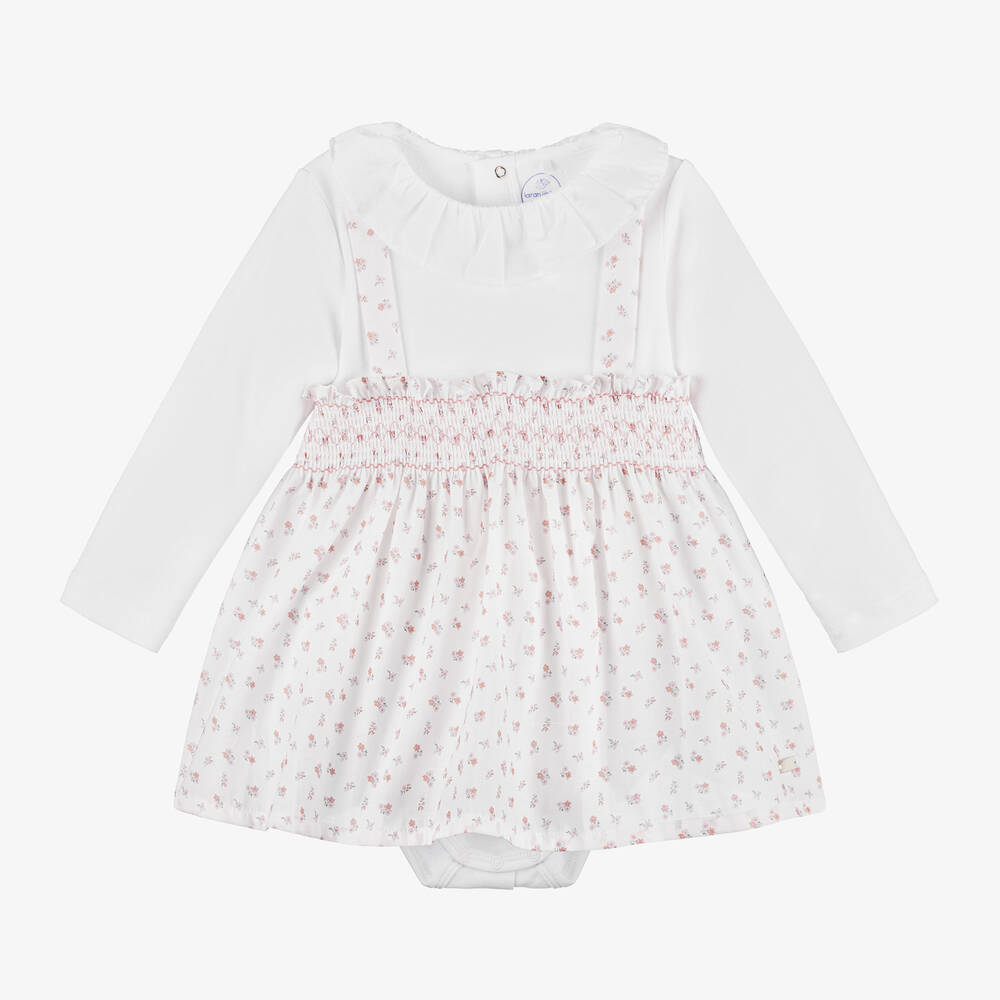 Laranjinha - Baby Girls White & Pink Cotton Floral Dress | Childrensalon