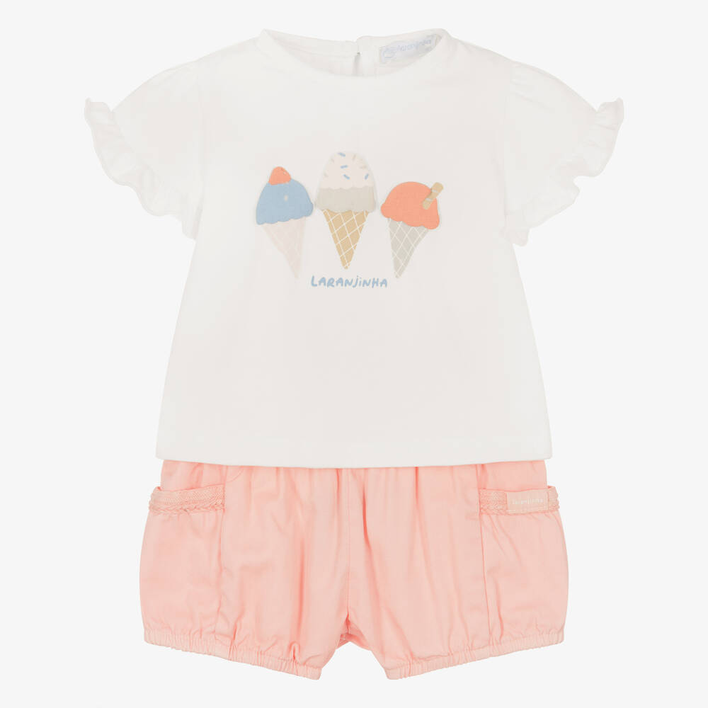 Laranjinha - Baby Girls White & Pink Cotton Shorts Set | Childrensalon