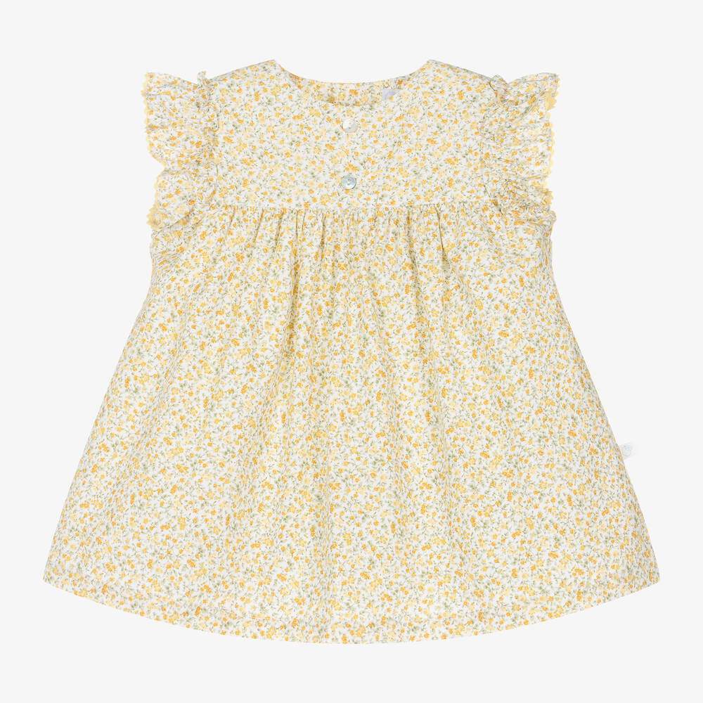 Shop Laranjinha Baby Girls Yellow Cotton Floral Dress