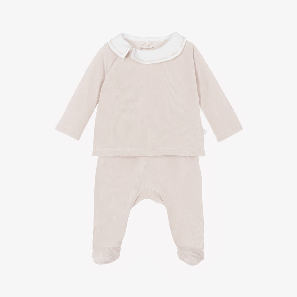 Laranjinha - Beige Velour 2 Piece Babygrow | Childrensalon