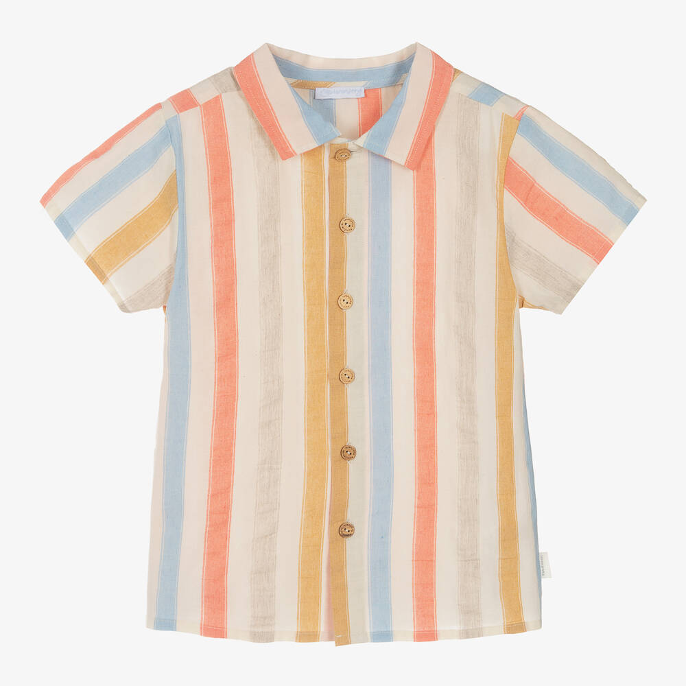 Laranjinha - Boys Beige Stripe Cotton Shirt | Childrensalon