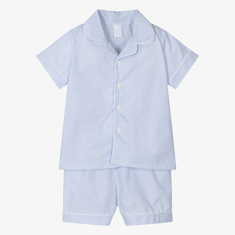 Shop Laranjinha Boys Blue Checked Cotton Short Pyjamas