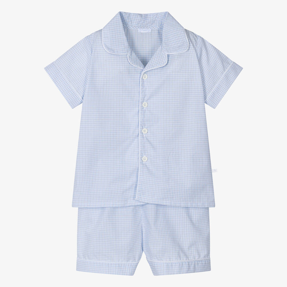 Laranjinha - Boys Blue Checked Cotton Short Pyjamas | Childrensalon