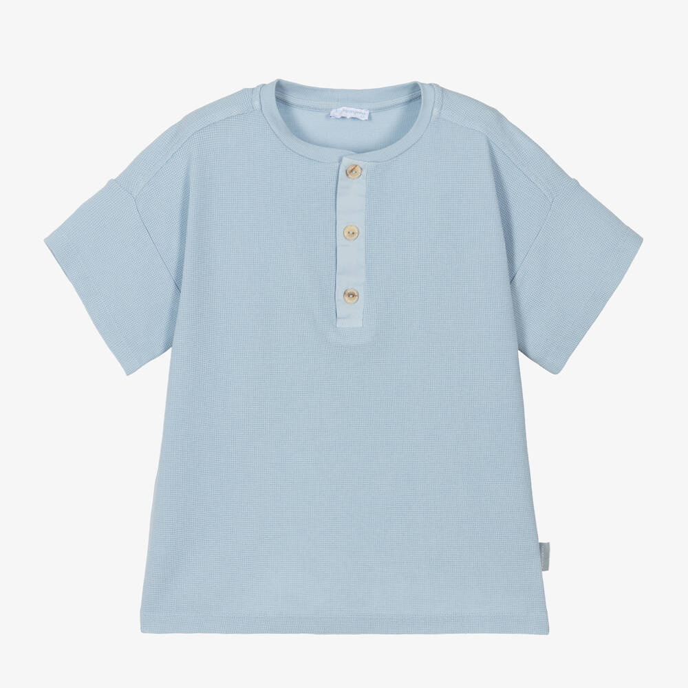 Laranjinha - Boys Blue Cotton Buttoned T-Shirt | Childrensalon