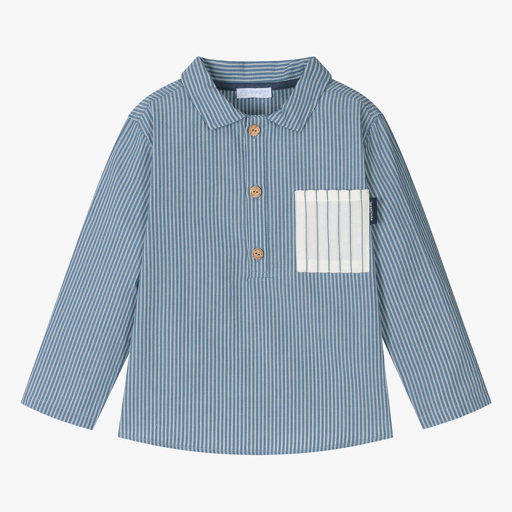 Laranjinha - قميص قطن سيرسوكر مقلم لون أزرق وأبيض للأولاد | Childrensalon