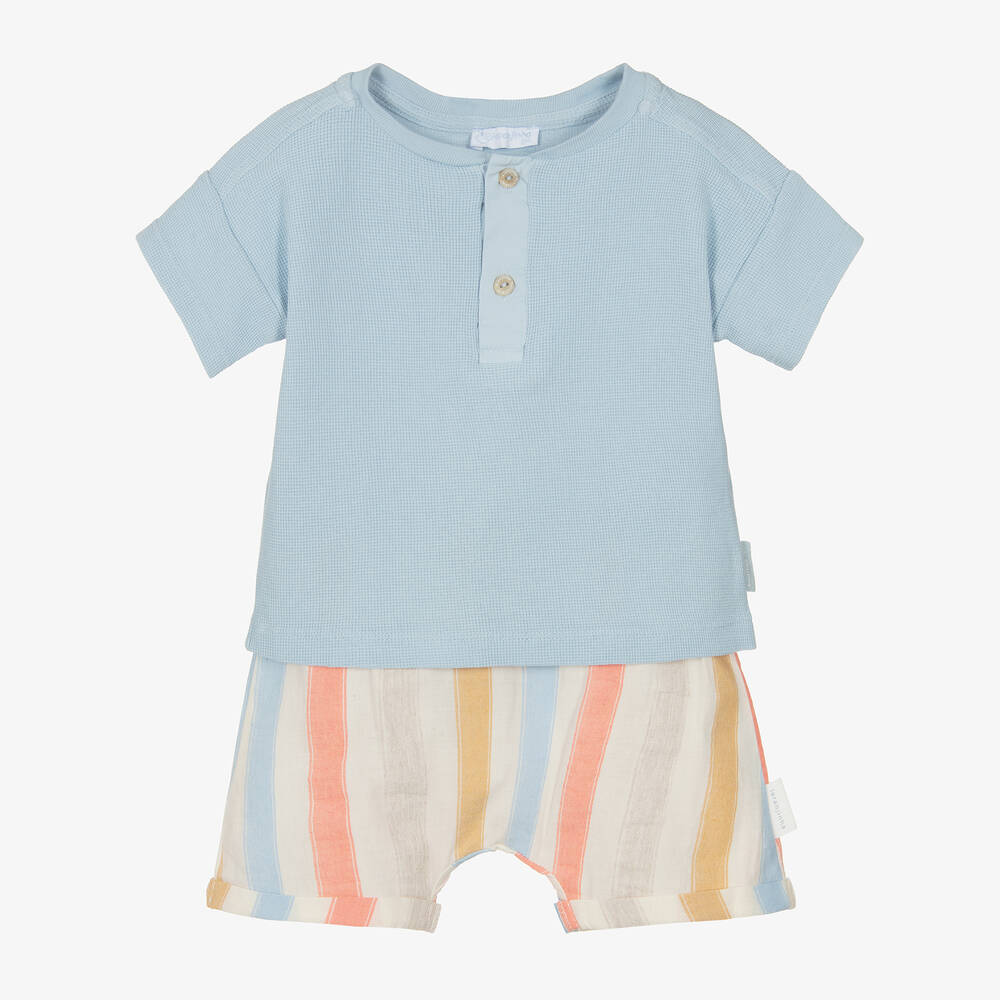 Laranjinha - Boys Blue Striped Cotton Shorts Set | Childrensalon