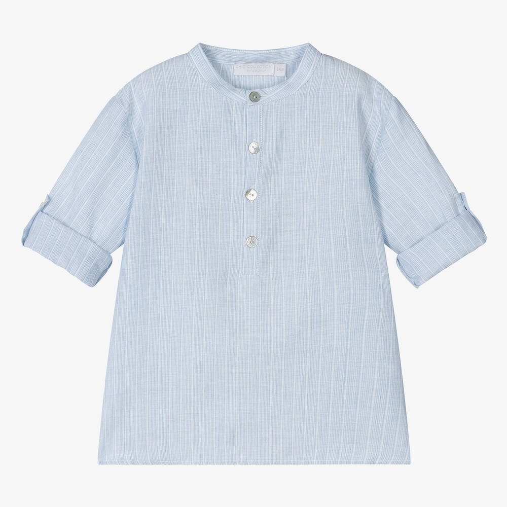 Shop Laranjinha Boys Blue Striped Linen Shirt
