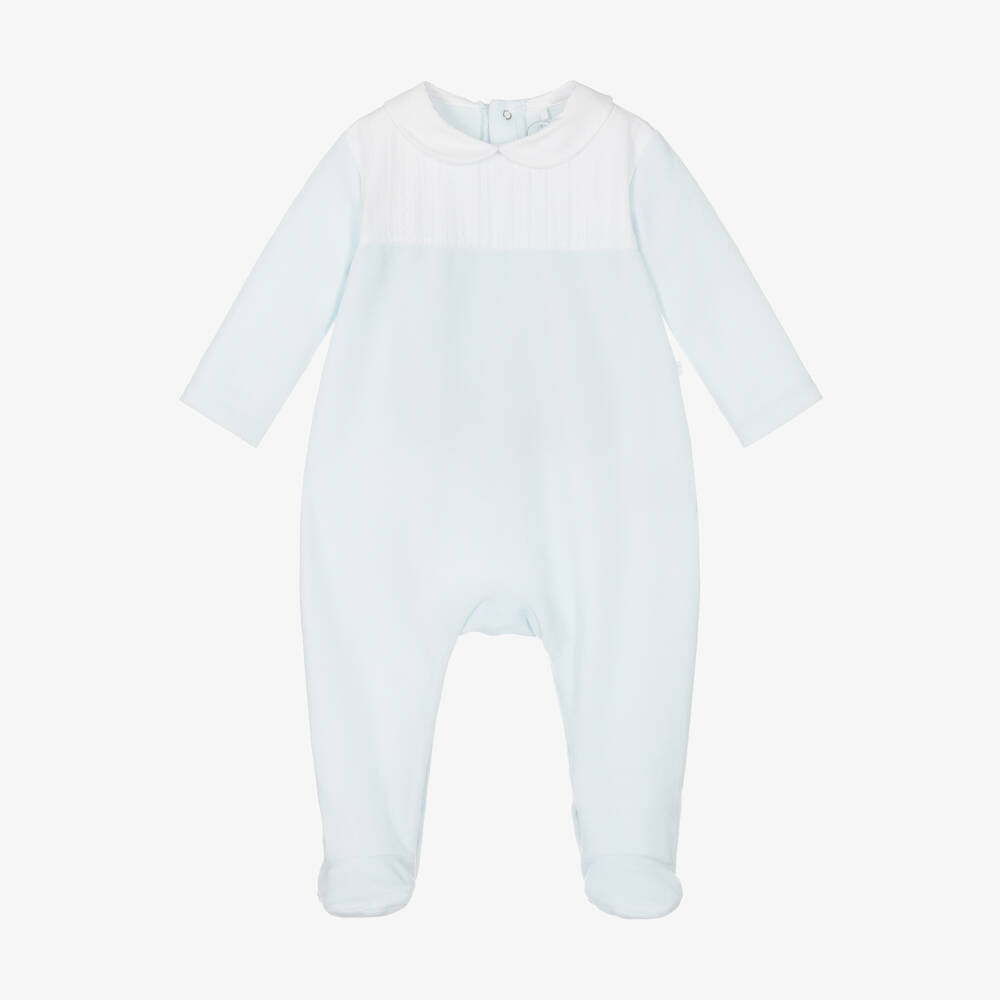 Laranjinha - Boys Blue Velour Babygrow | Childrensalon