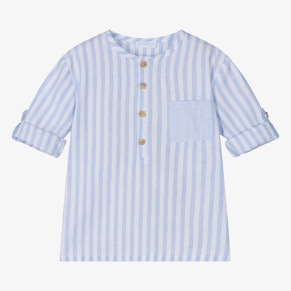 Laranjinha - Boys Blue & White Striped Cotton Shirt | Childrensalon