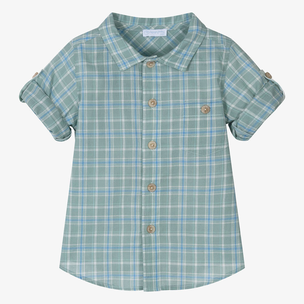 Laranjinha - Boys Green & Blue Cotton Check Shirt | Childrensalon