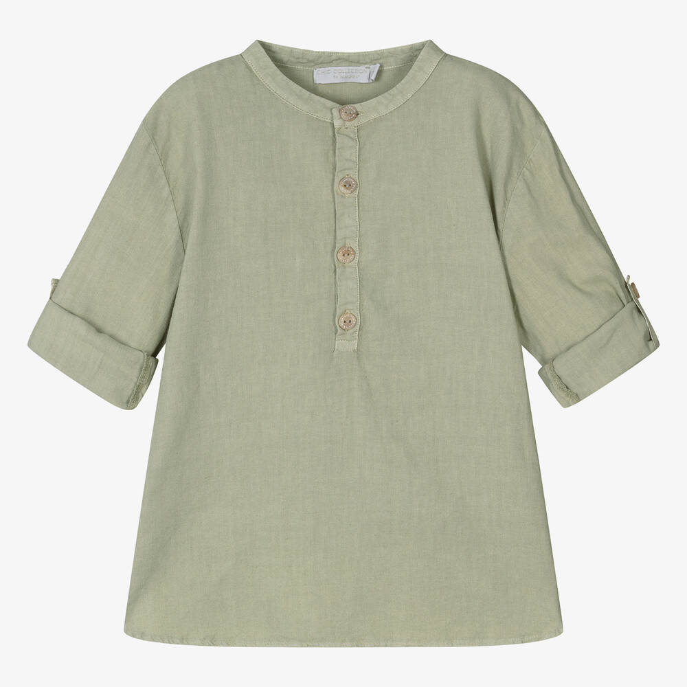 Laranjinha - Boys Green Linen Collarless Shirt | Childrensalon