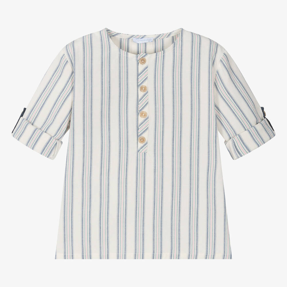 Laranjinha - Boys Ivory Striped Cotton Shirt | Childrensalon
