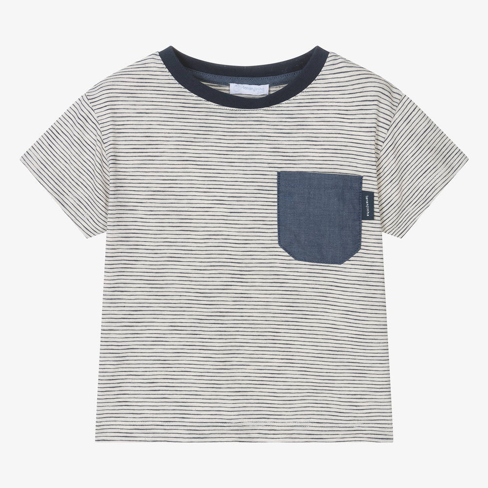 Laranjinha - Boys Ivory Striped Organic Cotton T-Shirt | Childrensalon