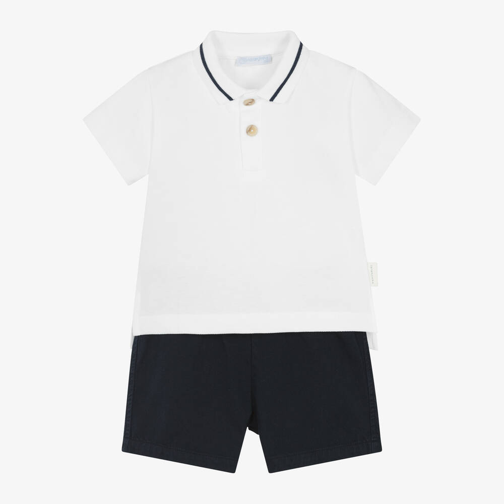 Laranjinha - Boys White & Navy Blue Cotton Shorts Set  | Childrensalon