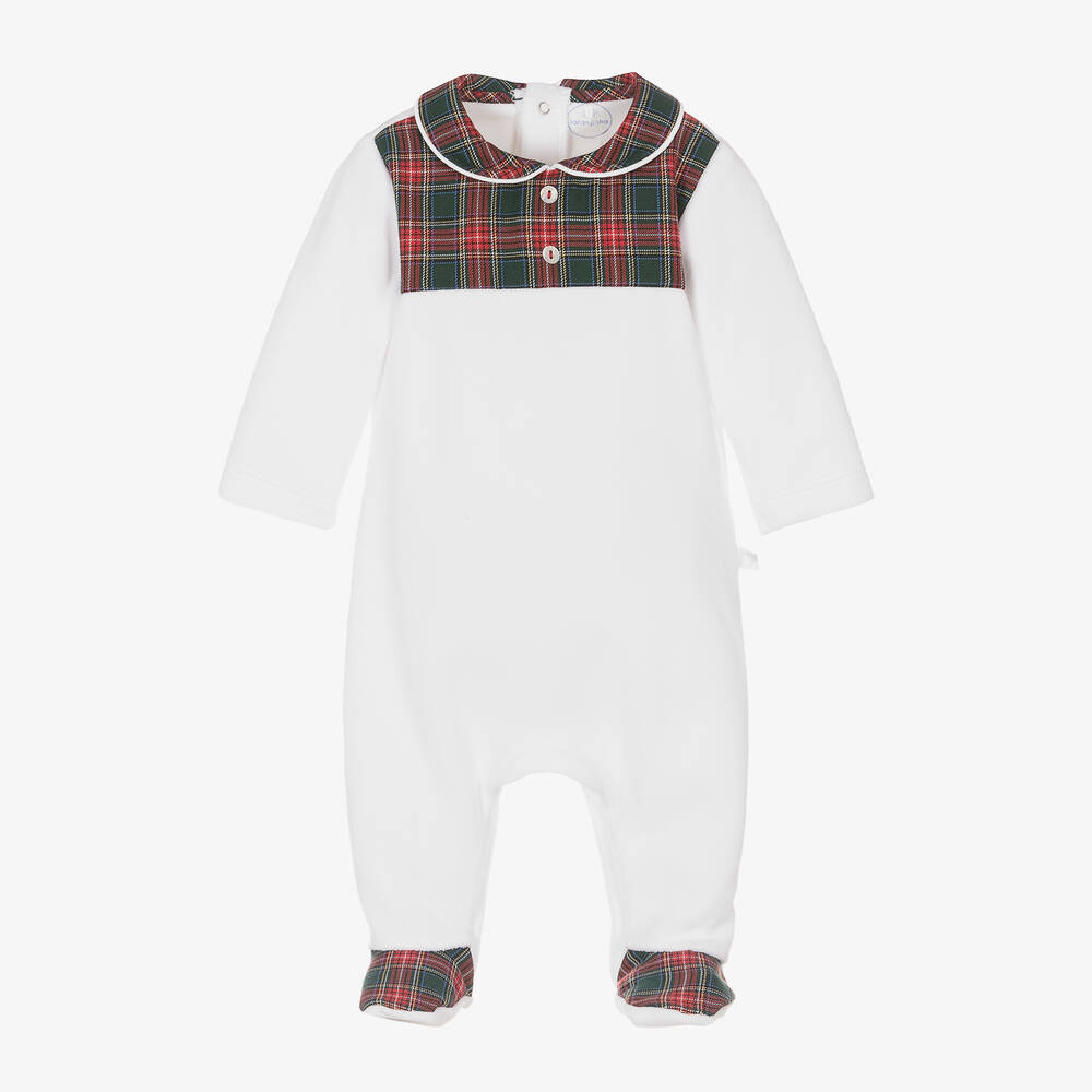 Laranjinha - Boys White Velour Tartan Babygrow | Childrensalon