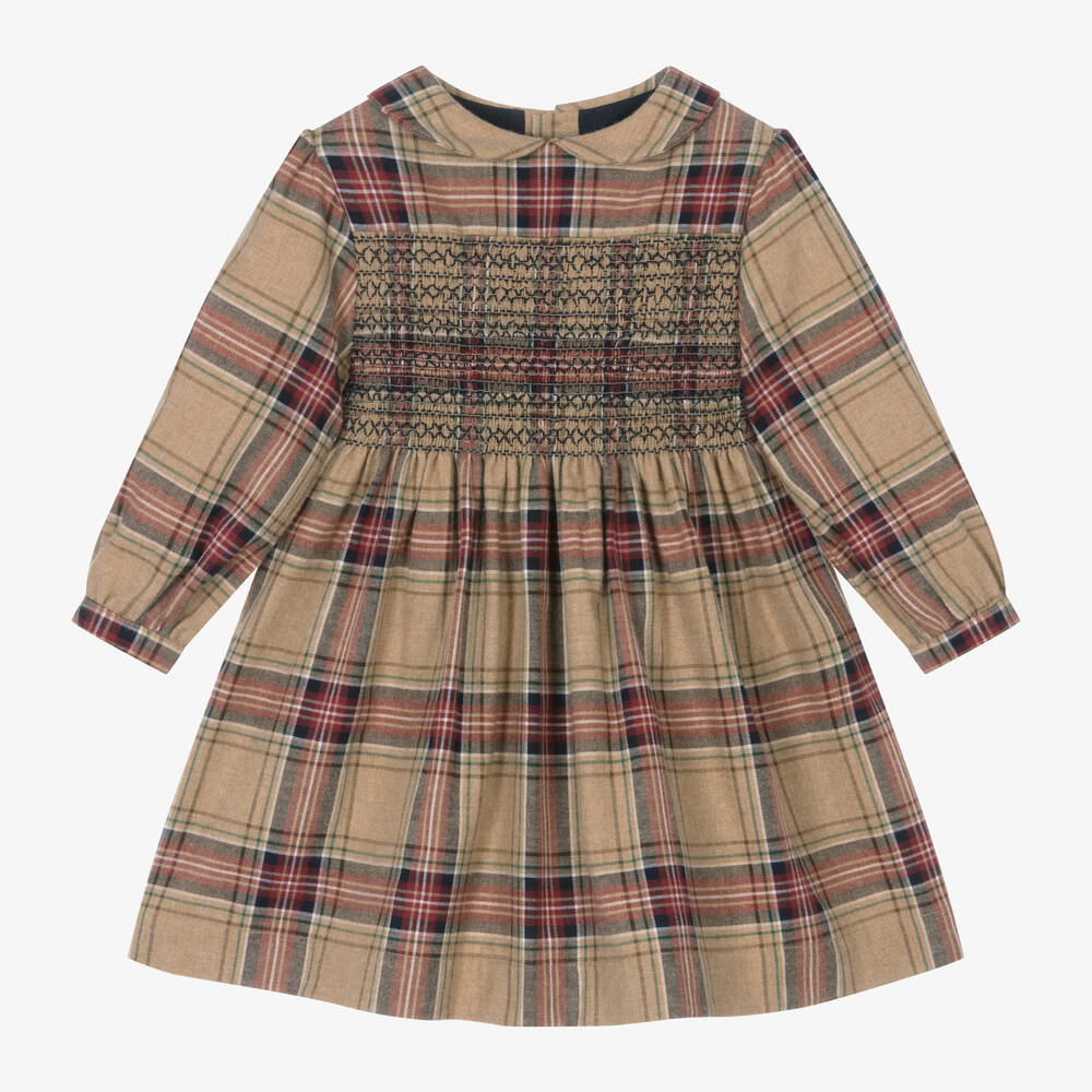 Laranjinha - Girls Beige Check Cotton Dress | Childrensalon