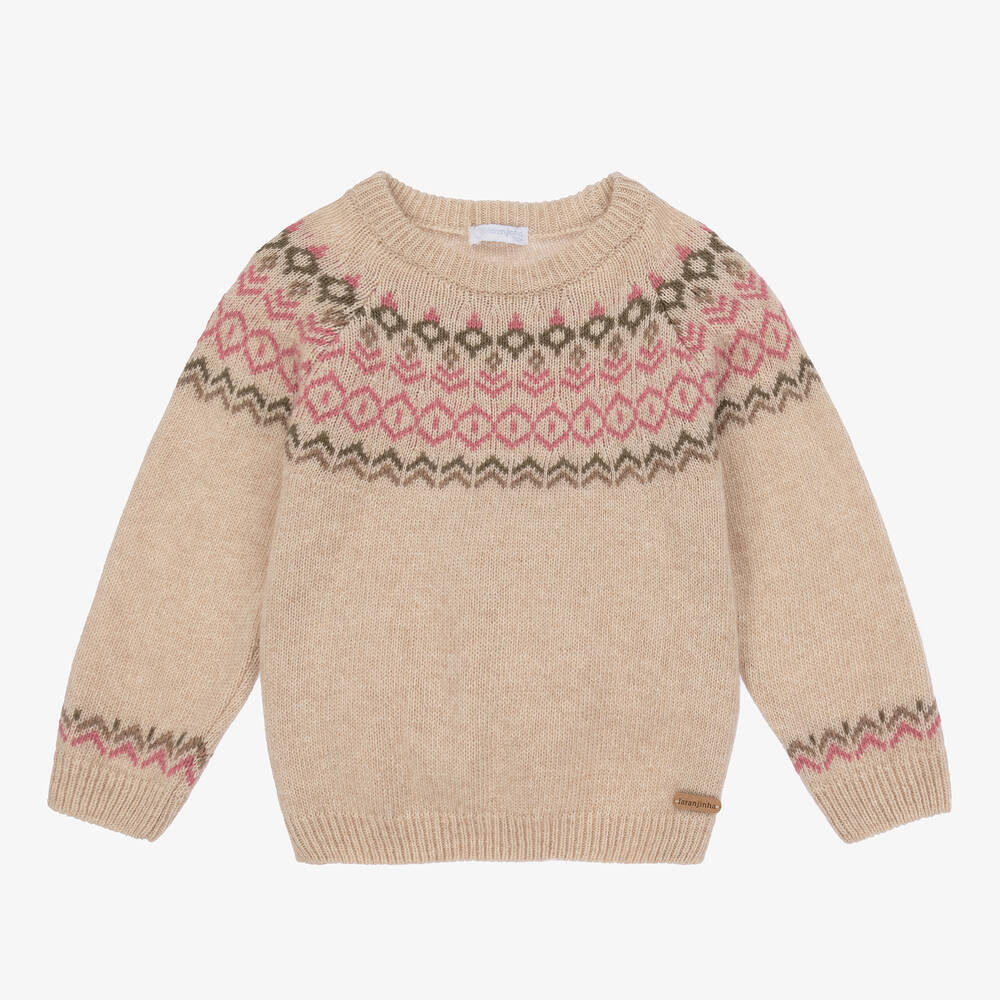 Laranjinha - Girls Beige Wool & Cashmere Fair Isle Sweater | Childrensalon