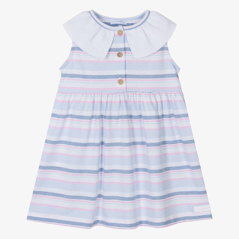 Laranjinha - فستان قطن مقلم لون أزرق وأبيض وزهري | Childrensalon