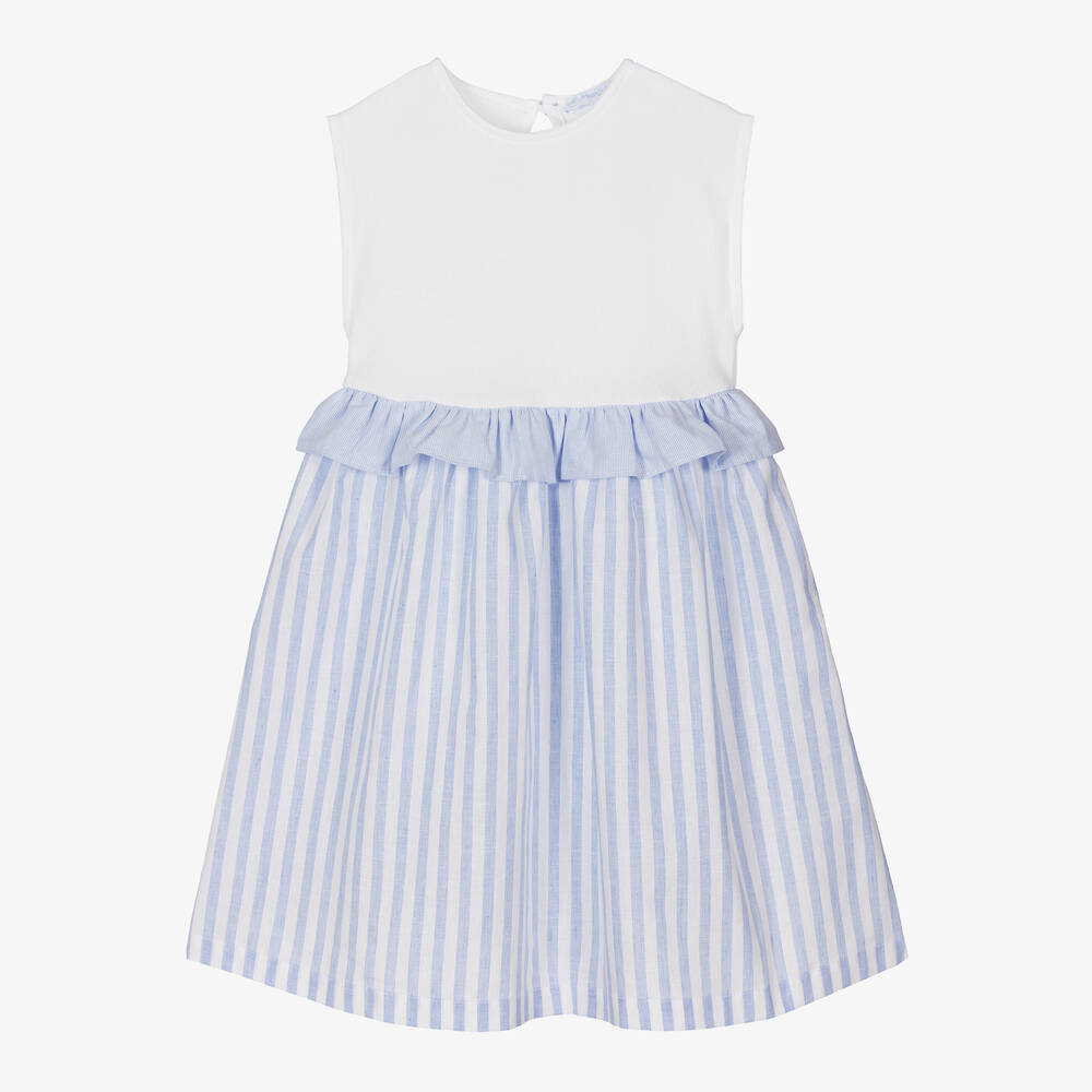 Laranjinha - Girls Blue Striped Cotton & Linen Dress | Childrensalon