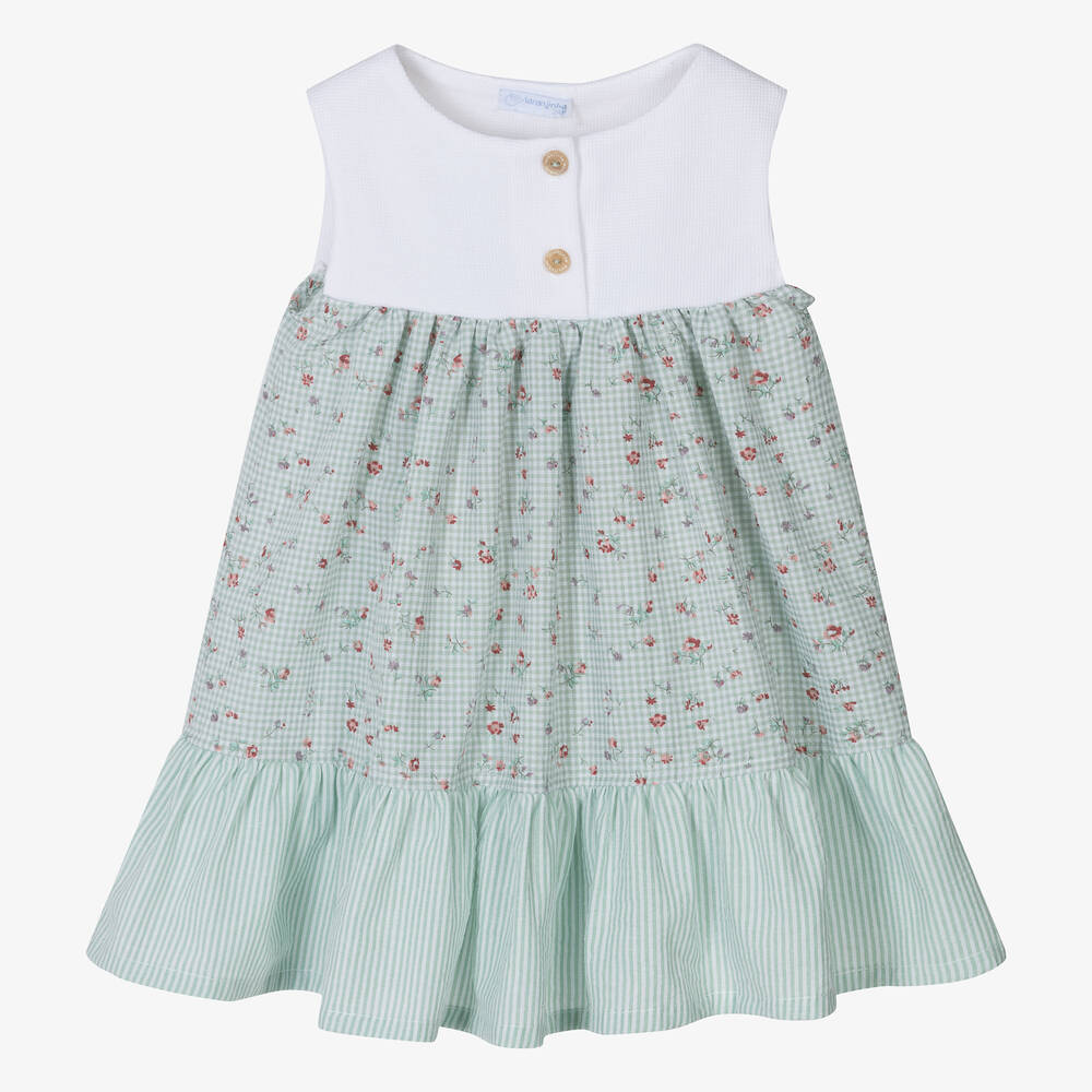 Laranjinha - Girls Green Floral Gingham Cotton Dress | Childrensalon