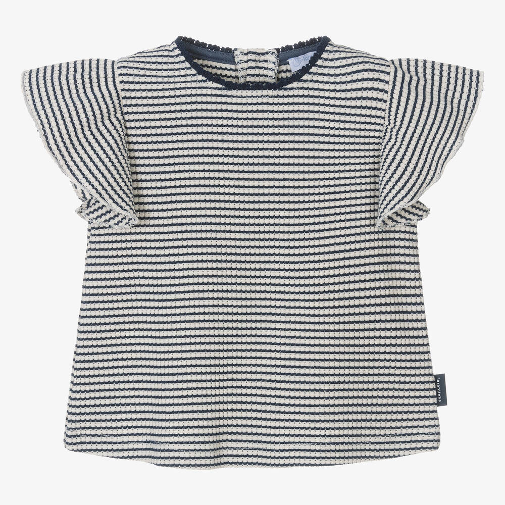 Laranjinha - Girls Navy Blue Stripe Cotton T-Shirt | Childrensalon