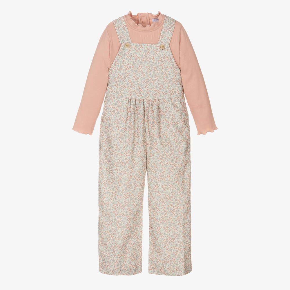 Laranjinha - Girls Pink & Blue Floral Dungaree Set | Childrensalon