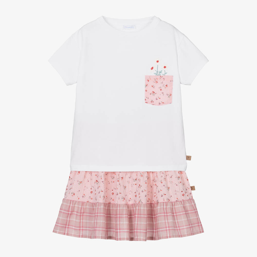 Laranjinha - Girls Pink Cotton & Linen Floral Skirt Set | Childrensalon