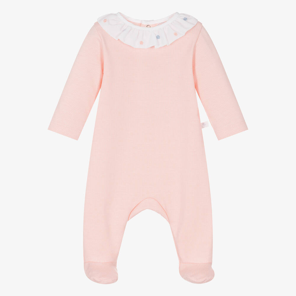 Laranjinha - Girls Pink Ribbed Cotton Babygrow | Childrensalon
