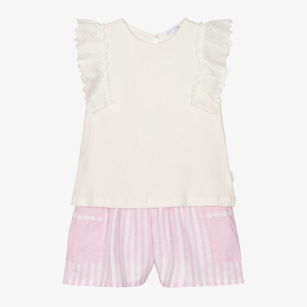 Laranjinha - Girls Pink Stripe Cotton Shorts Set | Childrensalon