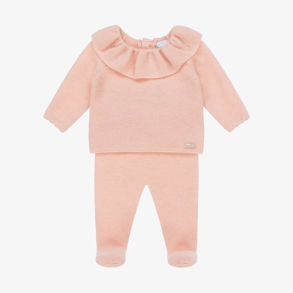 Laranjinha - Girls Pink Wool & Cashmere 2 Piece Babygrow | Childrensalon