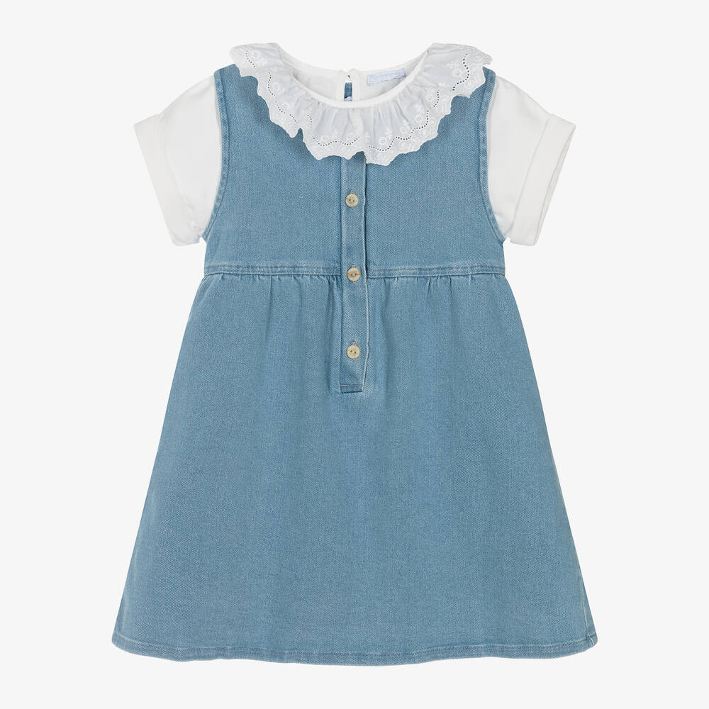 Laranjinha - طقم فستان قطن دنيم لون أبيض وأزرق | Childrensalon