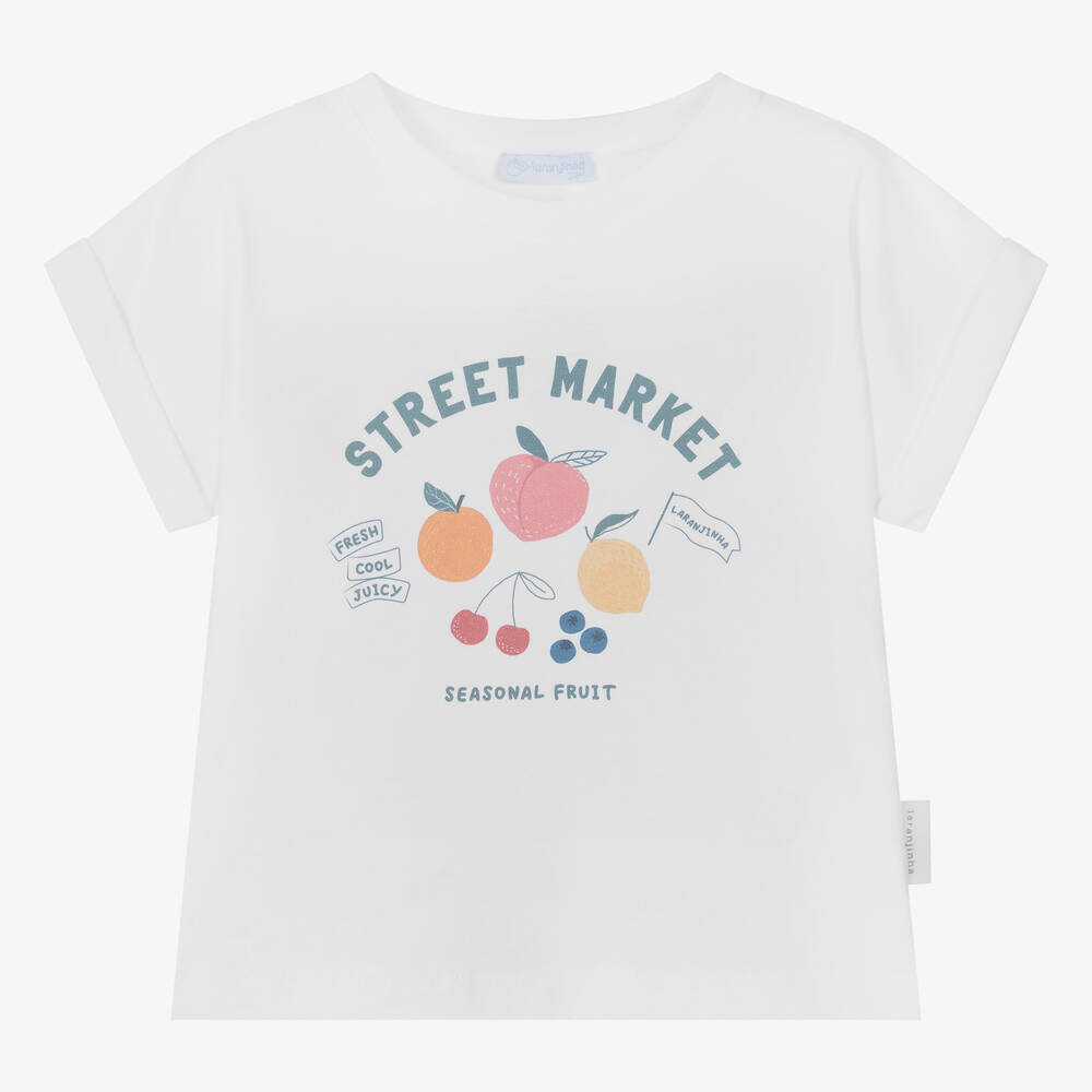 Laranjinha - Girls White Cotton Fruit T-Shirt | Childrensalon