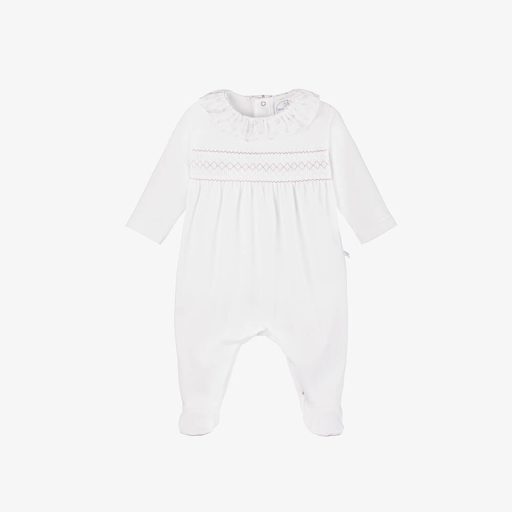 Laranjinha - Girls White Ruffle Collar Cotton Babygrow | Childrensalon