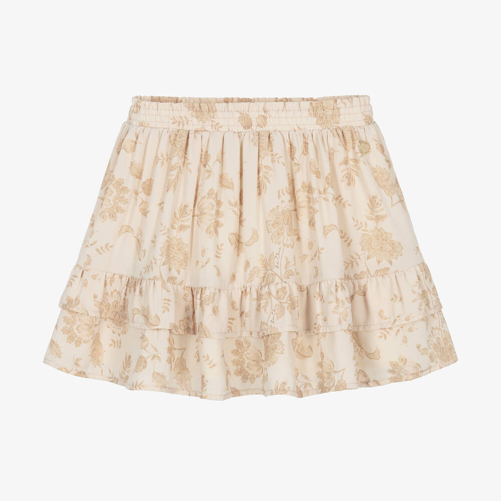 Le Chic - Girls Beige Floral Crêpe Chiffon Skirt  | Childrensalon