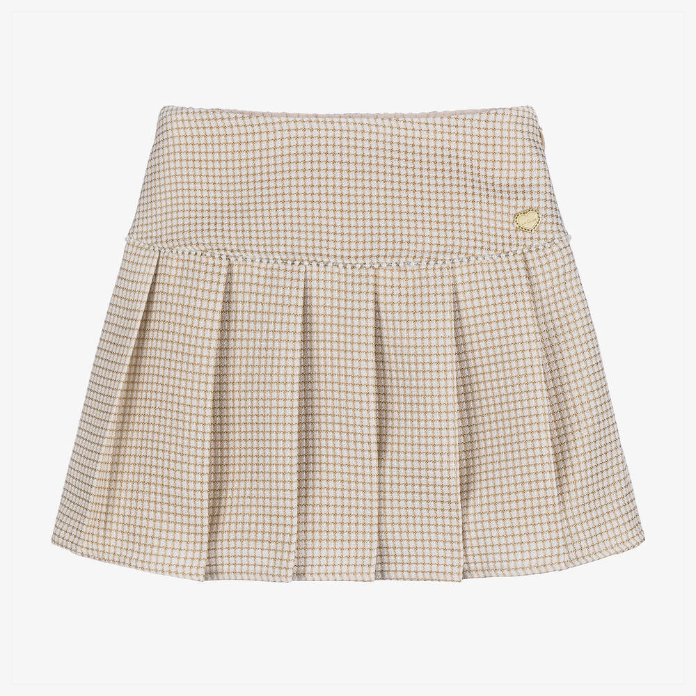 Le Chic - Girls Beige & Glittery Gold Pleated Skirt | Childrensalon