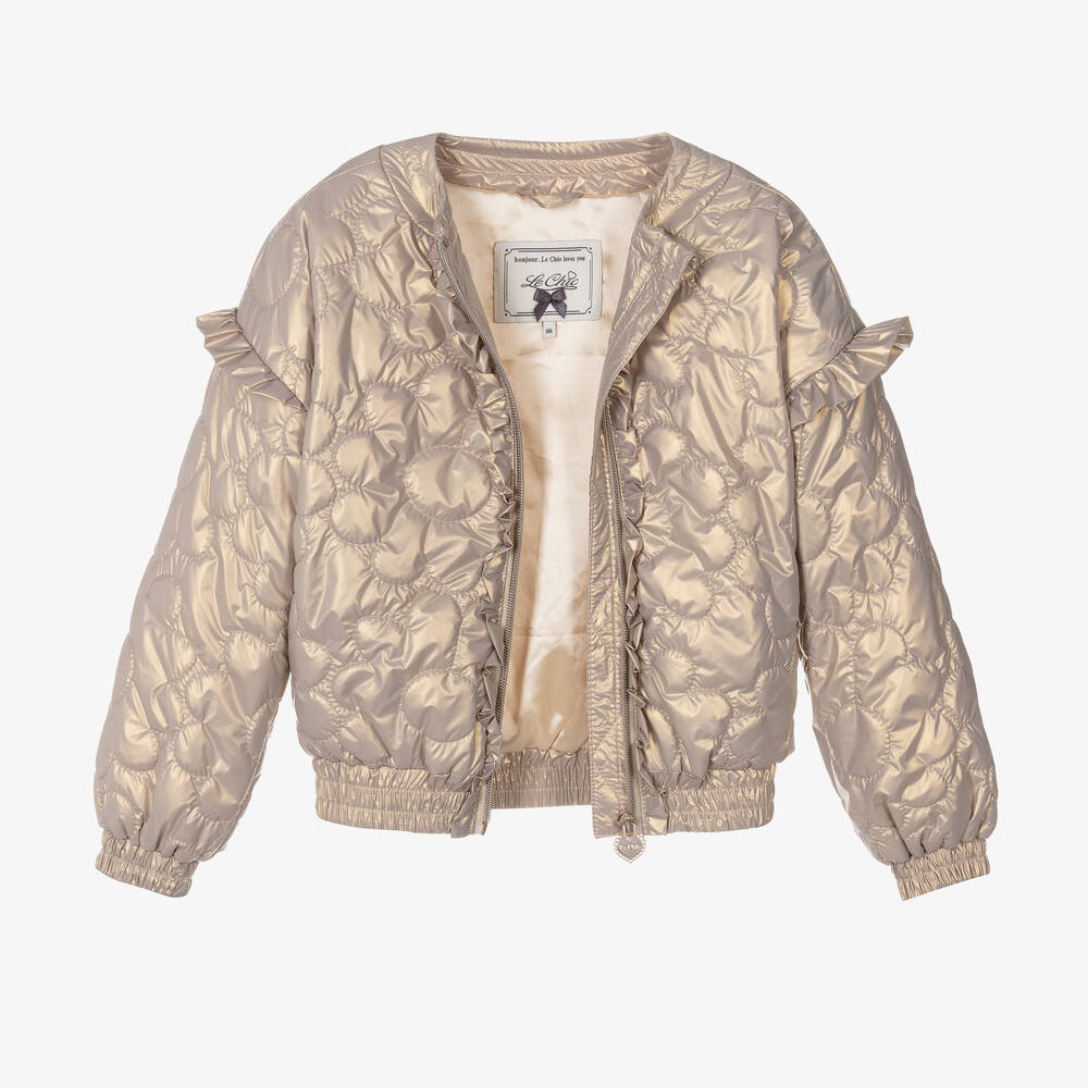 Le Chic - Girls Gold Quilted Flower Jacket | Childrensalon