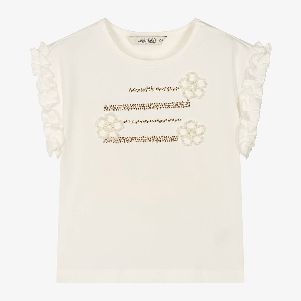 Le Chic - Girls Ivory Cotton Frilled T-Shirt | Childrensalon