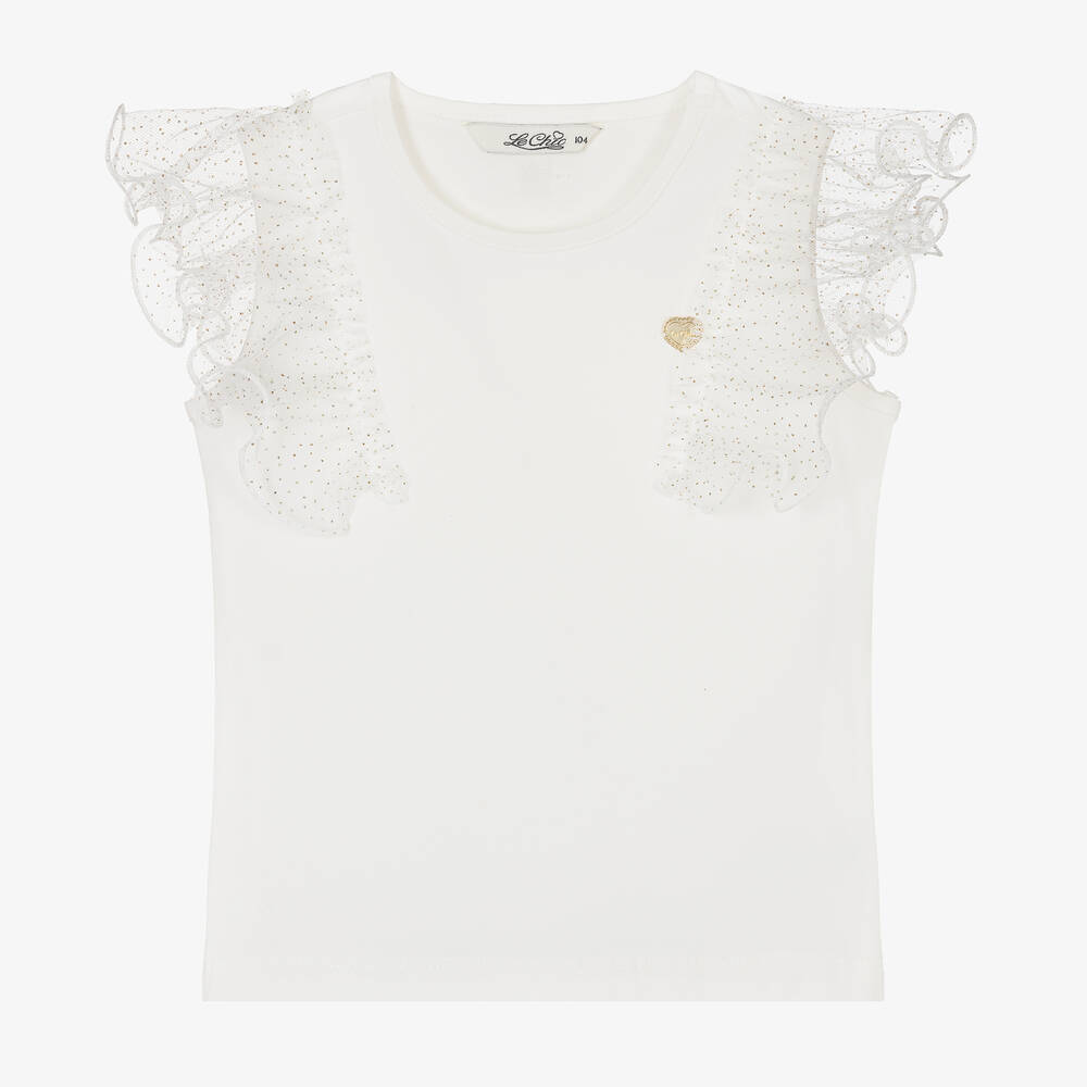 Le Chic - Girls Ivory Cotton & Tulle T-Shirt | Childrensalon