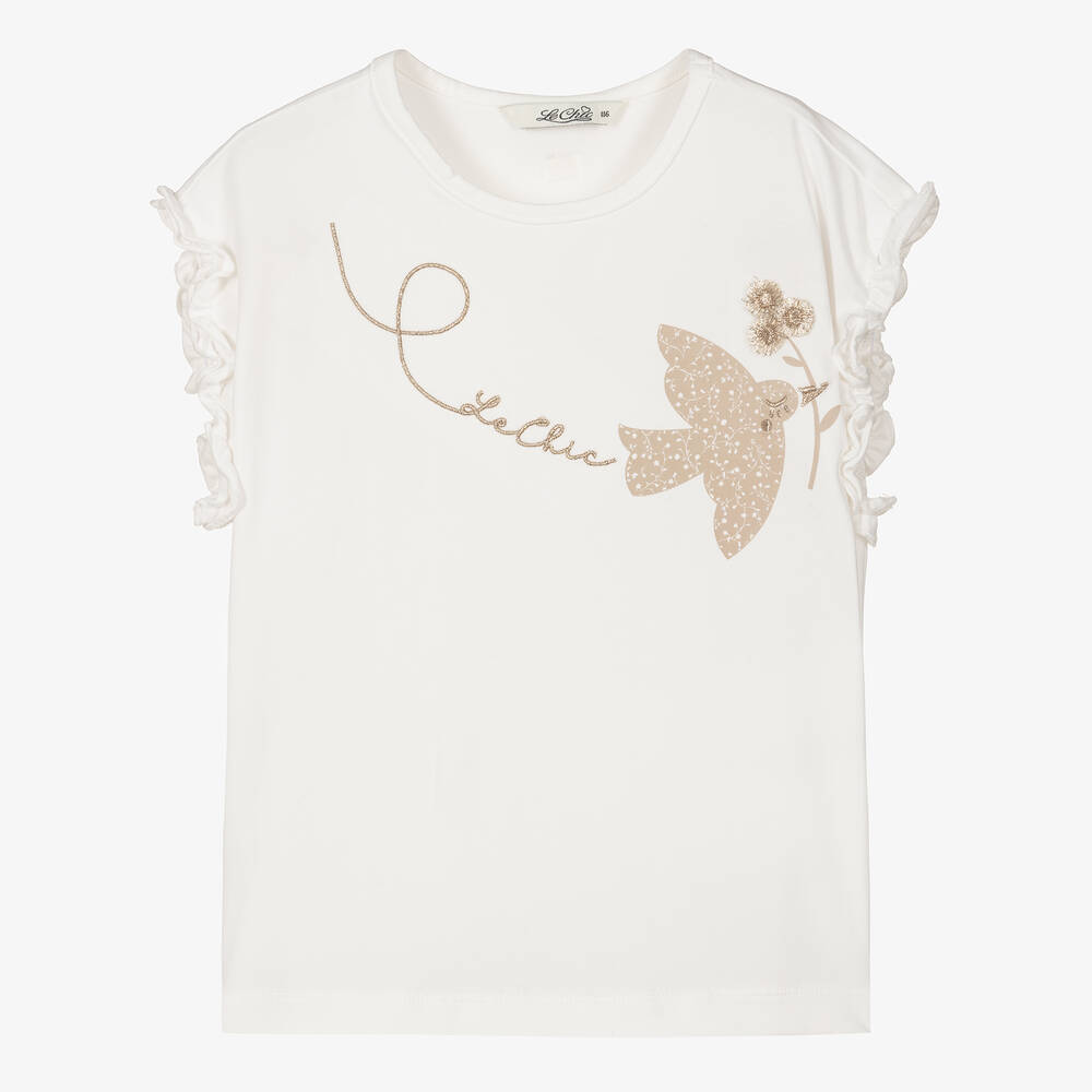 Shop Le Chic Girls Ivory Embroidered Organic Cotton T-shirt