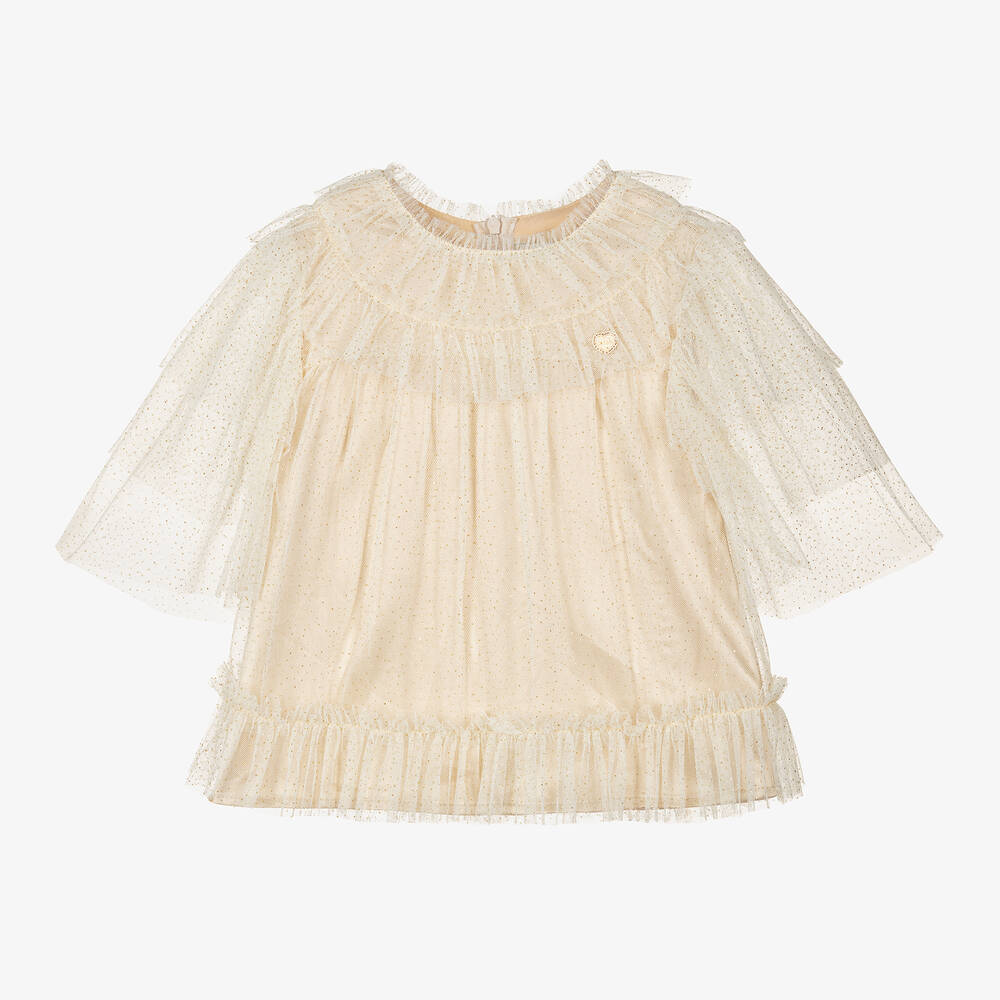 Le Chic - Girls Ivory & Gold Tulle Blouse | Childrensalon