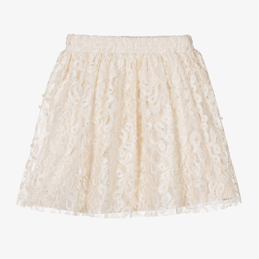 Le Chic - Girls Ivory Lace & Faux Pearl Skirt | Childrensalon