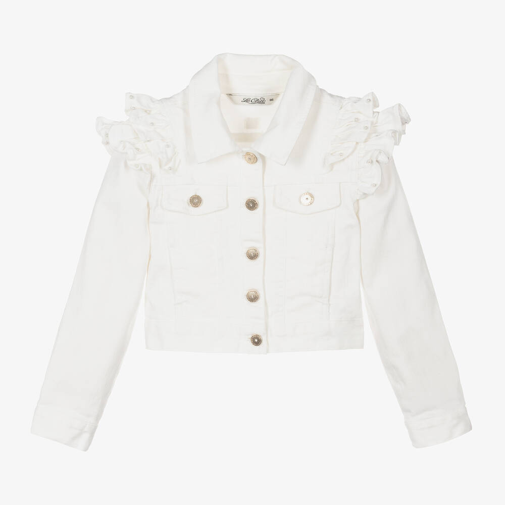 Le Chic - Girls White Ruffle Denim Jacket | Childrensalon